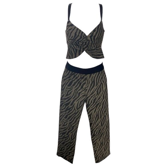 BALBOA Two Pieces Green Military Print, Top Crop Sleeveless Pant High Waisted L - Picture 2 of 9